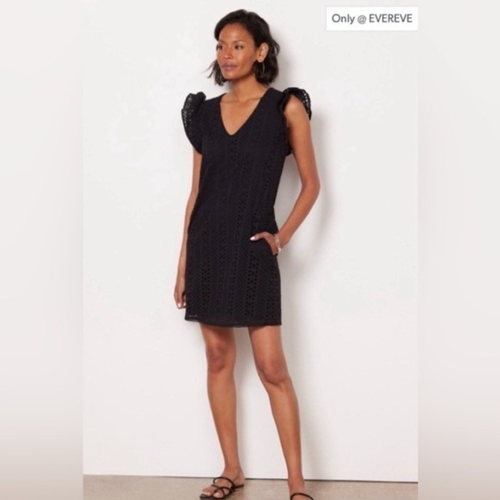 Evereve Eyelet Mini Dress Women S Black Ruffle Shoulder V-Neck Shift